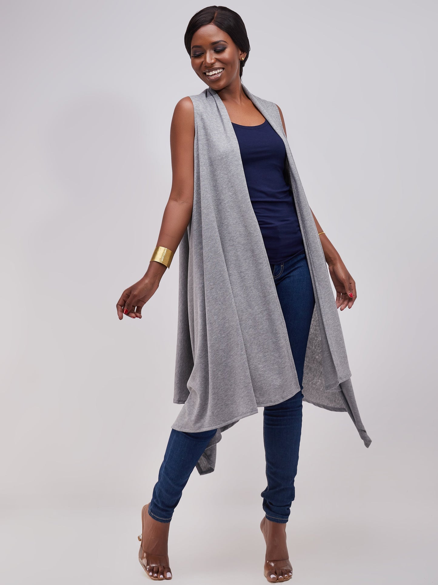 Vivo Basic Sleeveless Cascade Sweater - Grey