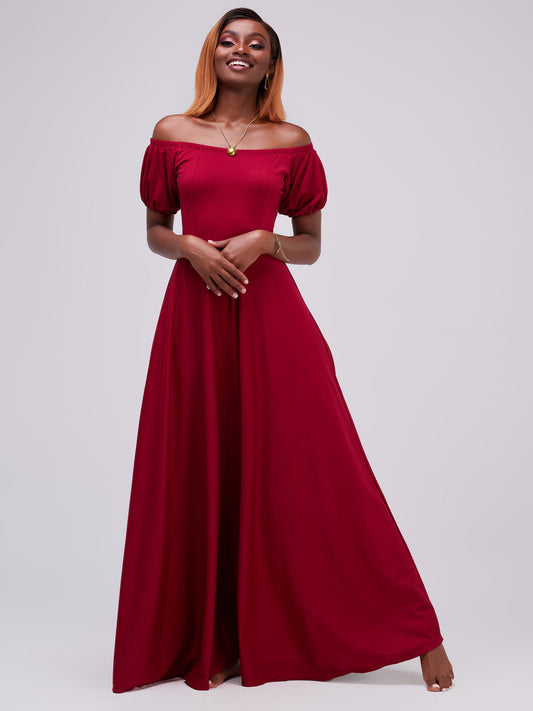 Vivo Zari Puff Sleeved Circular Maxi Dress - Maroon