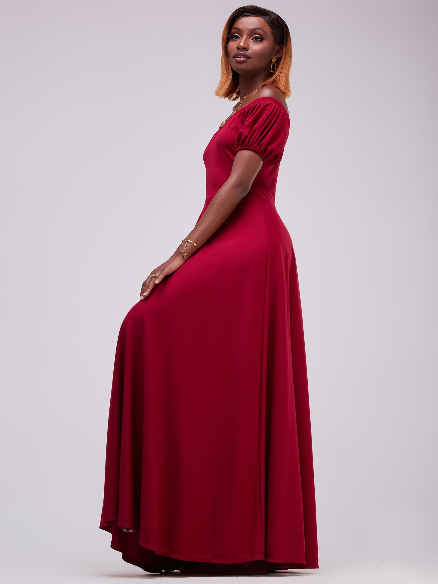 Vivo Zari Puff Sleeved Circular Maxi Dress - Maroon