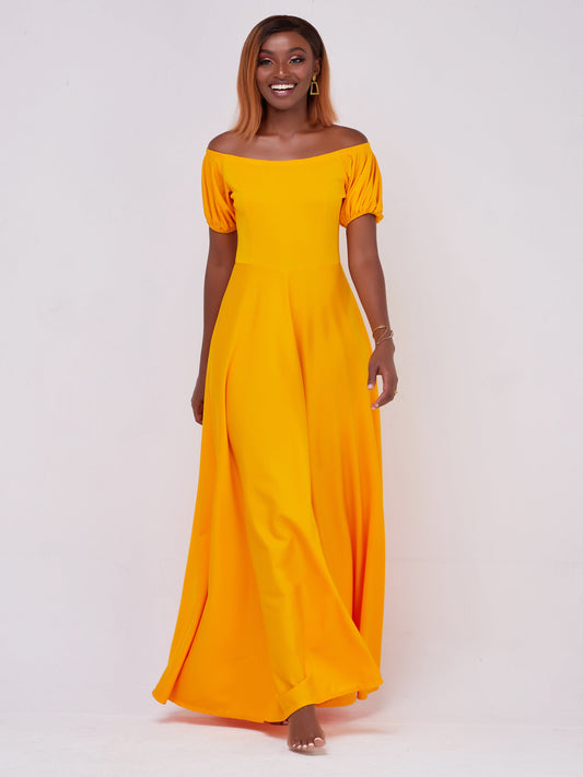 Vivo Zari Puff Sleeved Circular Maxi Dress - Mustard