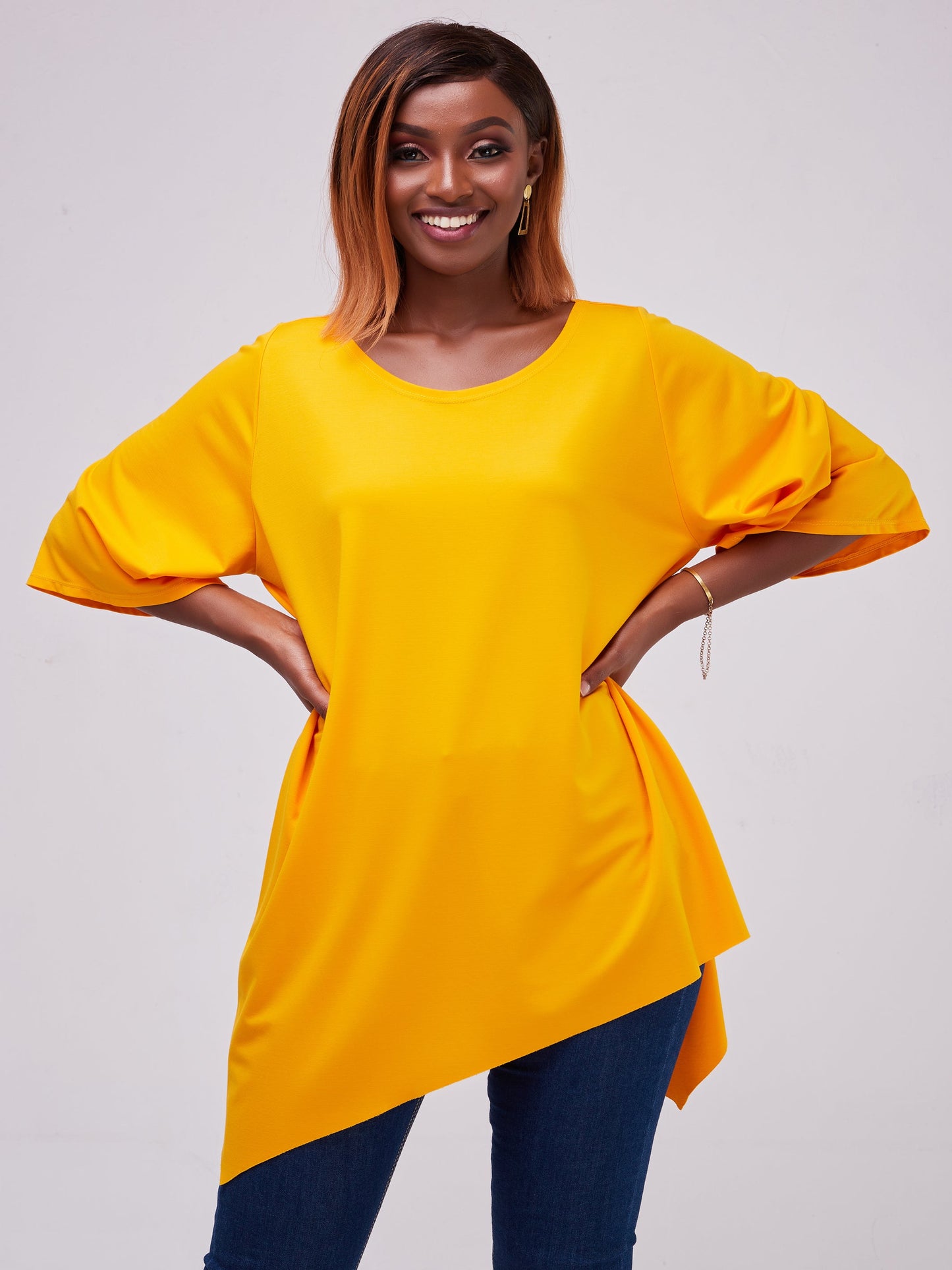 Vivo Basic Asymmetrical Angel Sleeve Top - Mustard