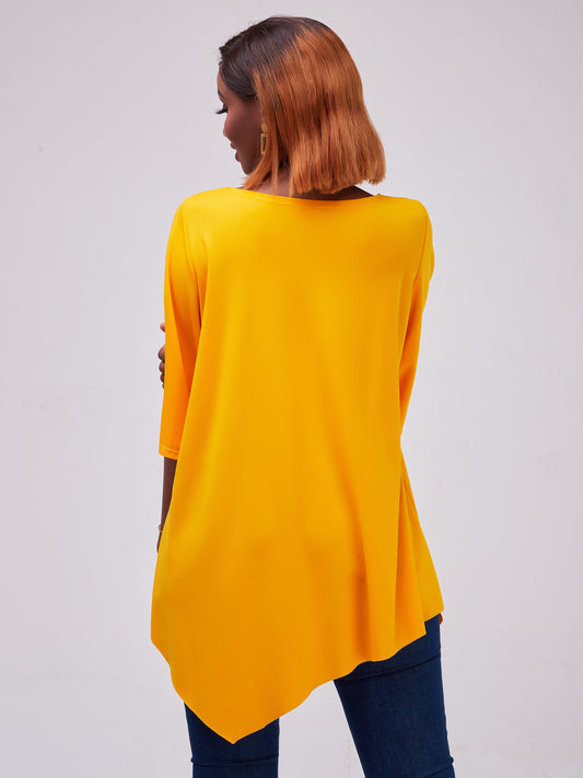 Vivo Basic Asymmetrical Angel Sleeve Top - Mustard