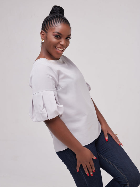Vivo Basic Boundneck Puff Sleeve Top - Light Grey