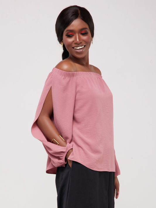 Vivo Dayo Off Shoulder Split Sleeve Short Top - Peach