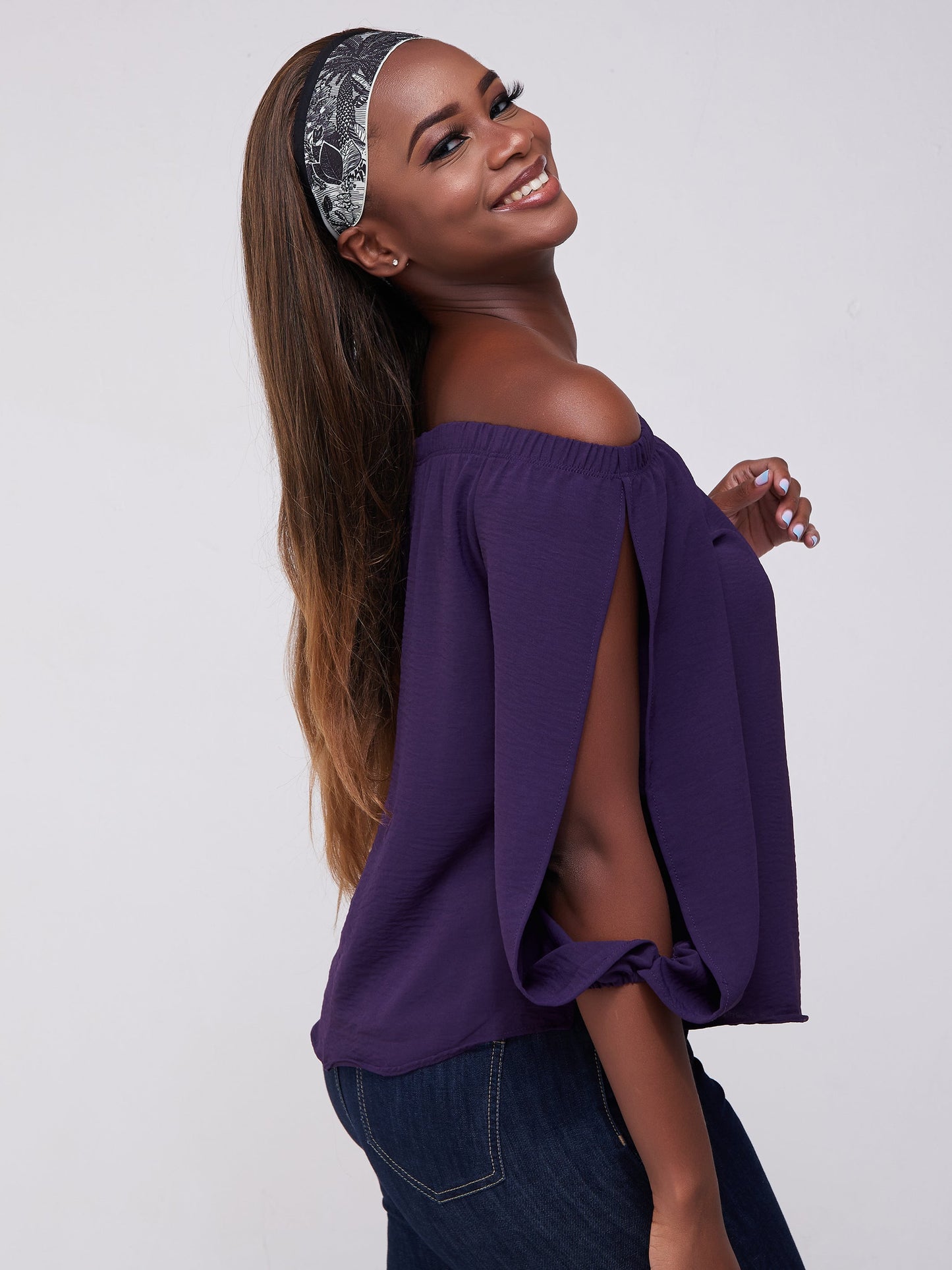 Vivo Dayo Off Shoulder Split Sleeve Short Top - Purple