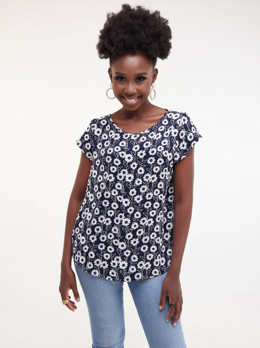 Vivo Basic Crepe Cap Sleeved Top - Navy / White Print