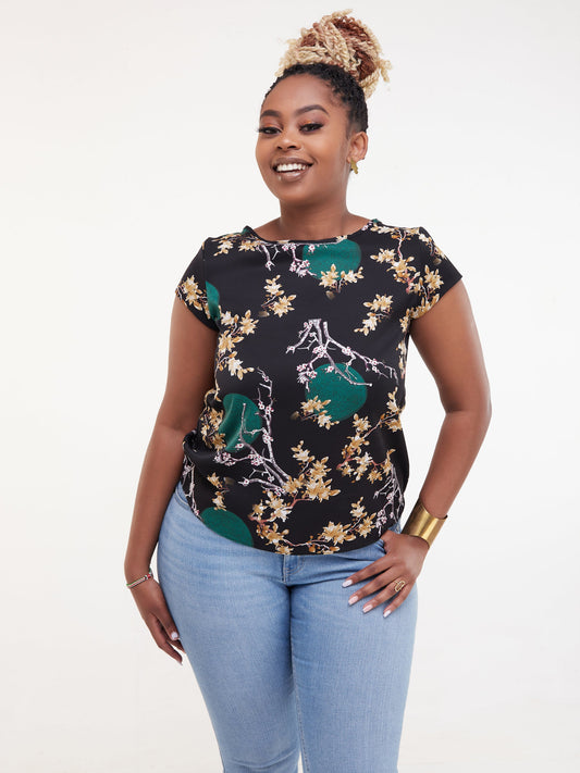 Vivo Basic Crepe Cap Sleeved Top - Black Floral Print