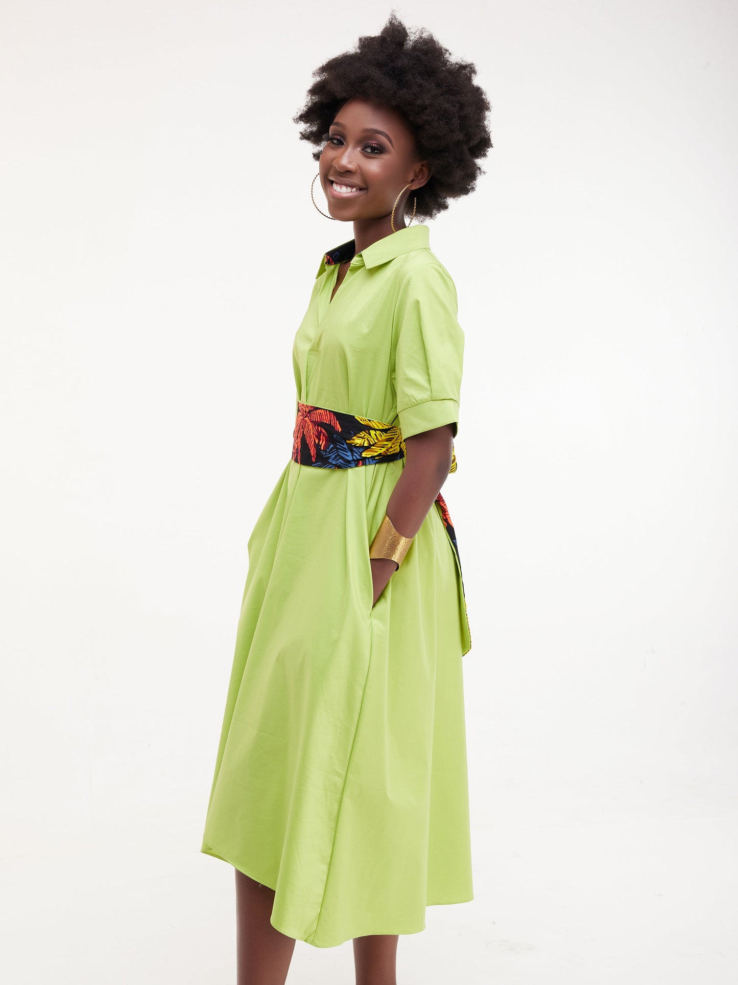 Safari Huru Short Sleeved Midi A-Line Dress - Lime Green