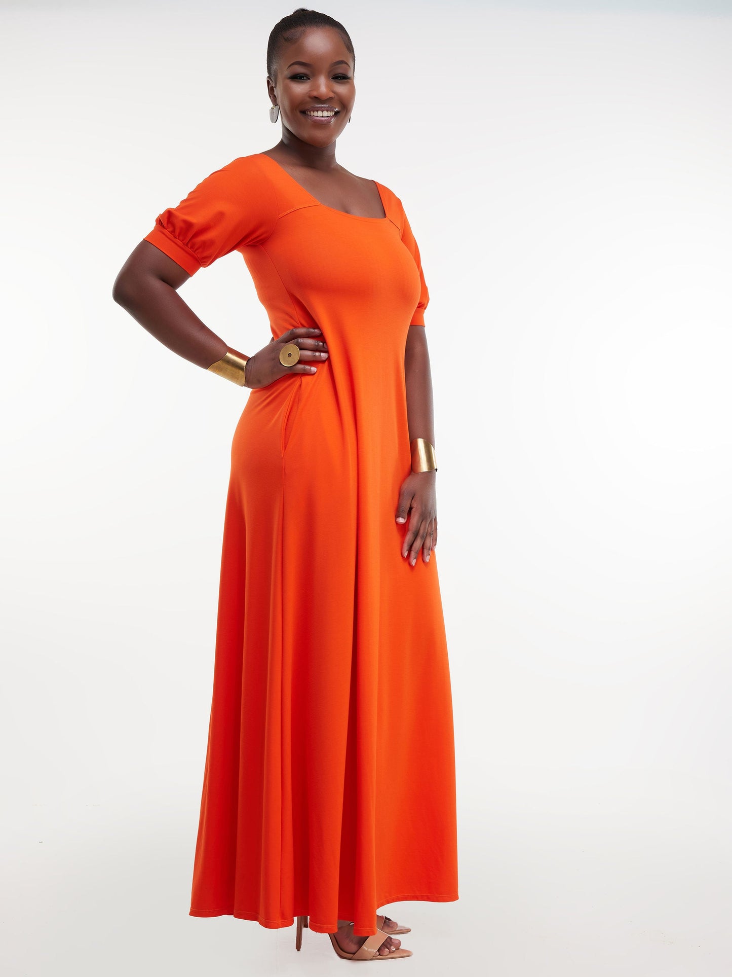 Vivo Ada Puff Sleeve Maxi Dress - Orange