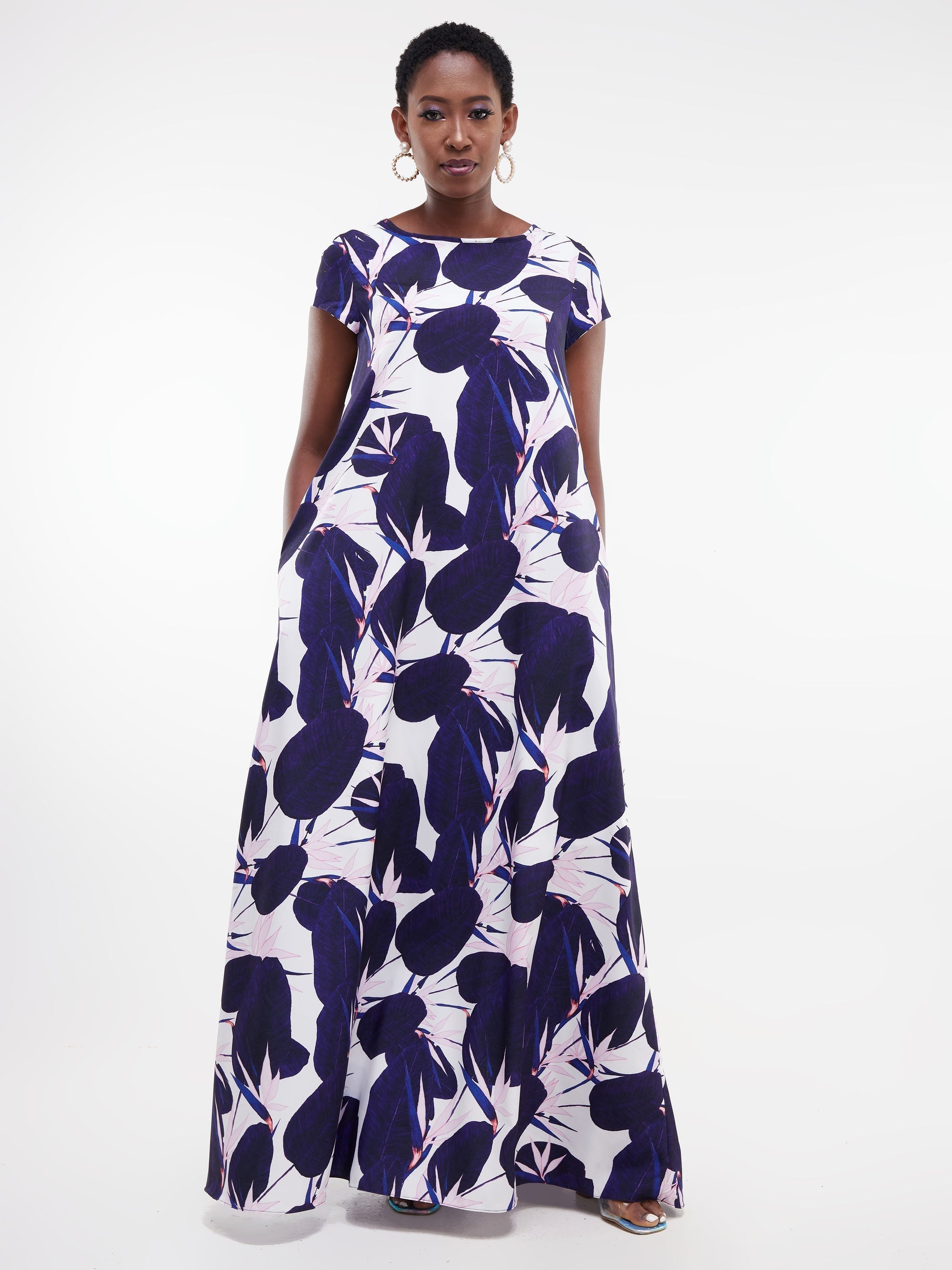 Vivo Basic Cap Sleeved Tent Maxi Dress - Purple Print