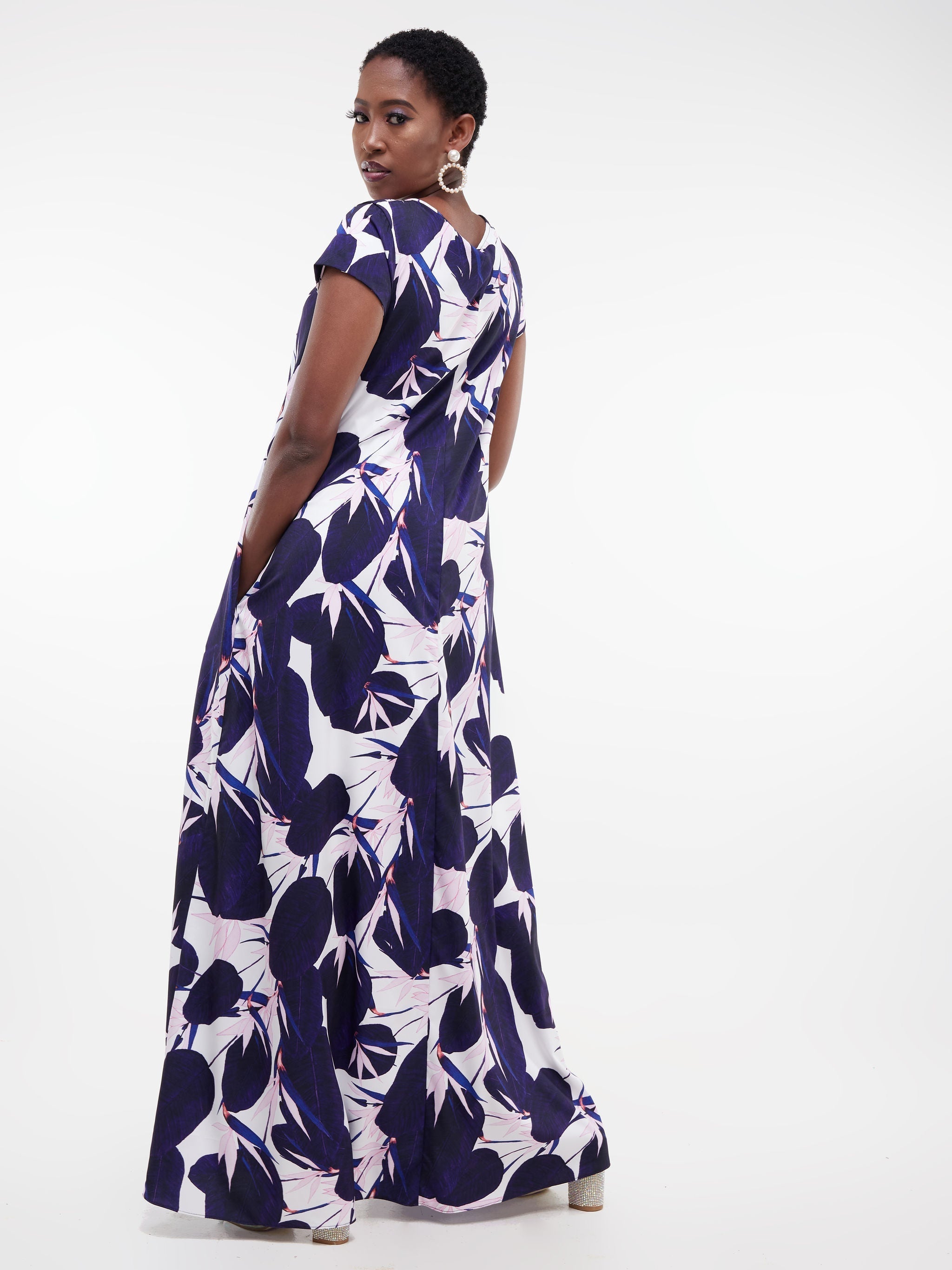 Vivo Basic Cap Sleeved Tent Maxi Dress - Purple Print