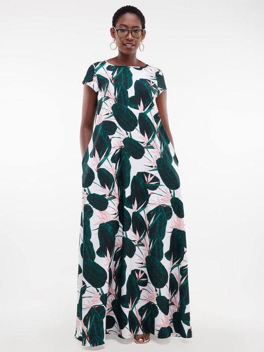 Vivo Basic Cap Sleeved Tent Maxi Dress - Green Print