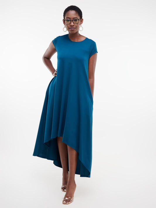 Vivo Ponte Back Pleat High Low Dress - Teal