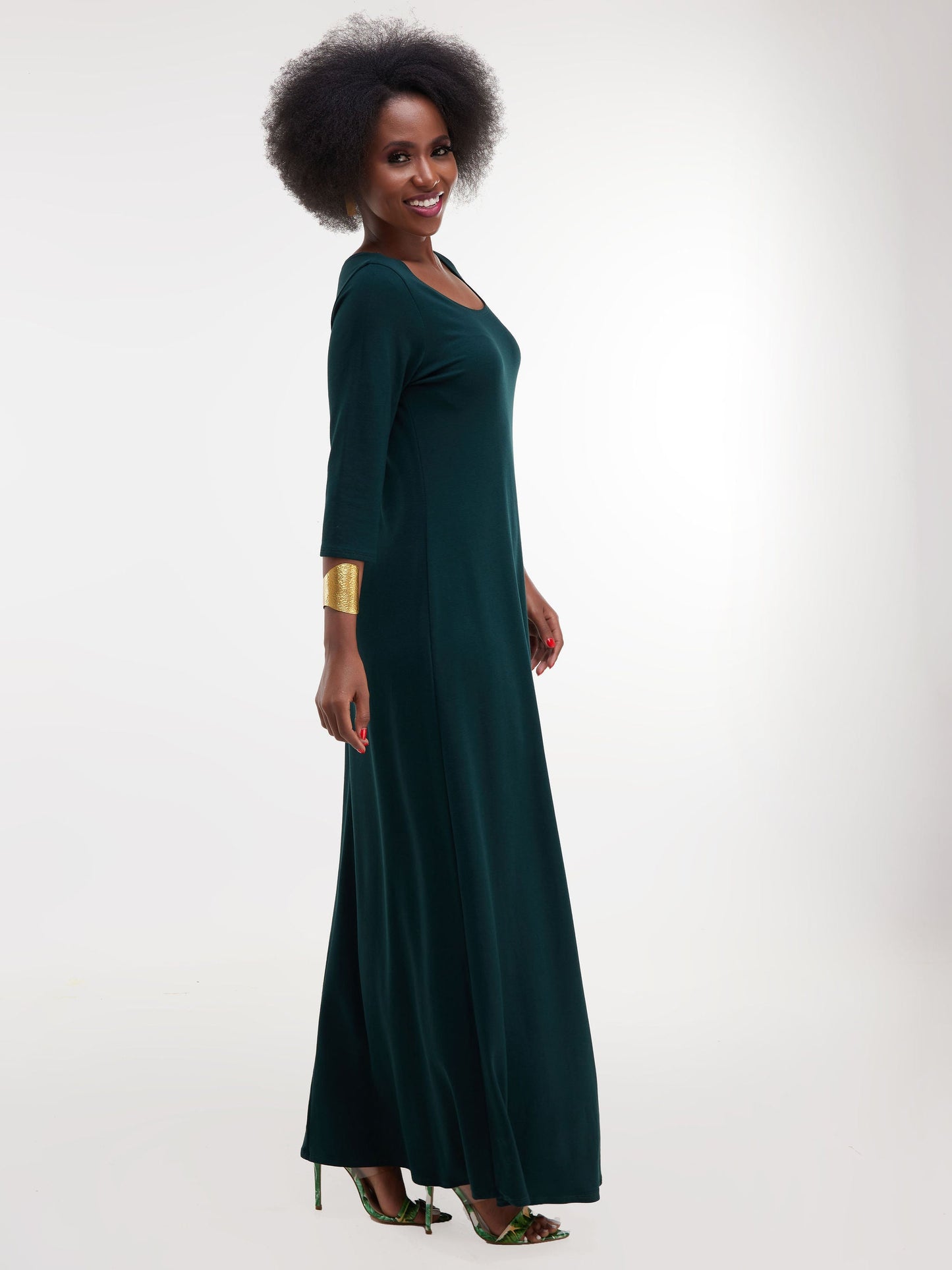 Vivo Basic 3/4 Sleeve A-Line Maxi Dress - Dark Green