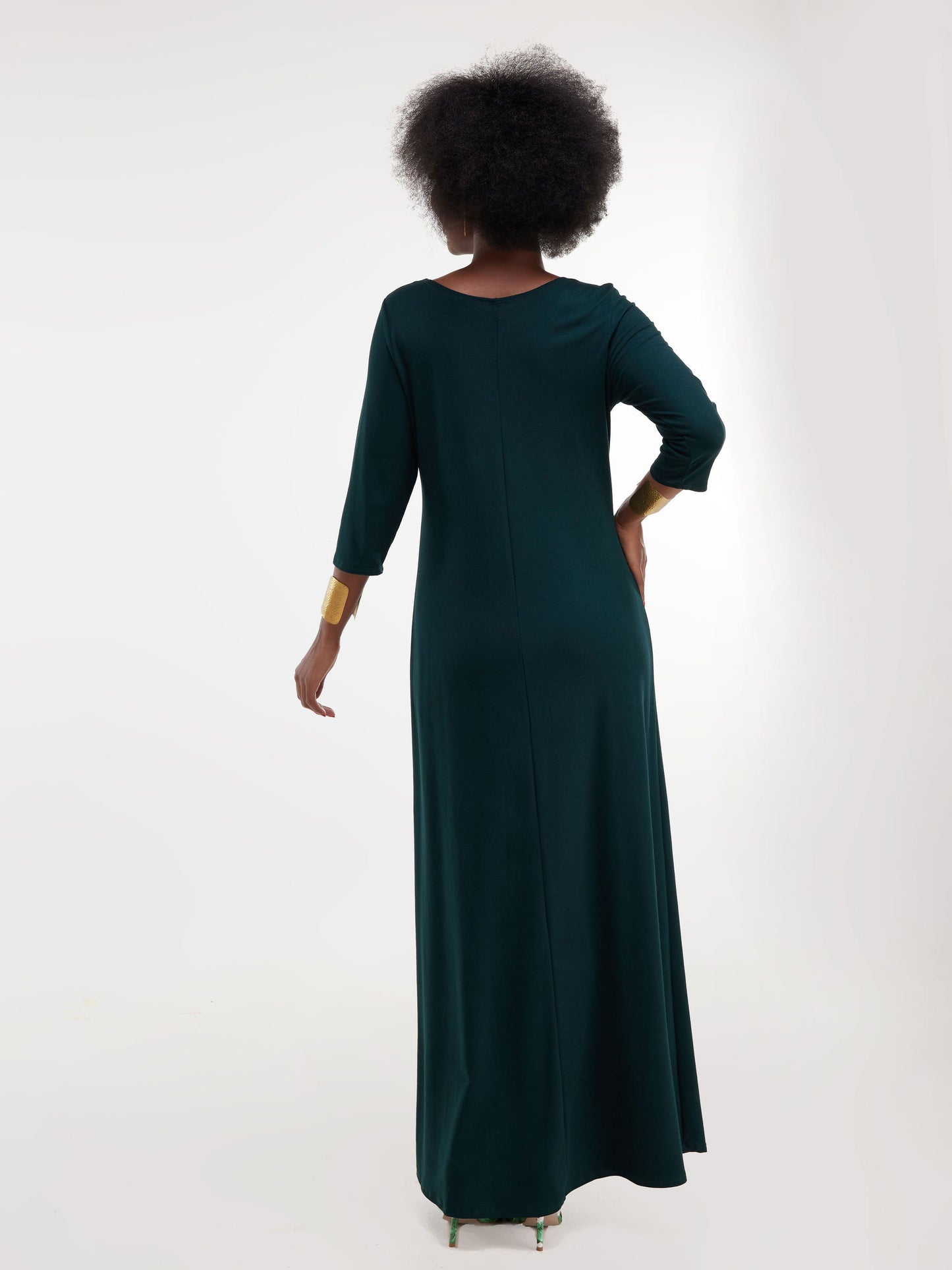 Vivo Basic 3/4 Sleeve A-Line Maxi Dress - Dark Green