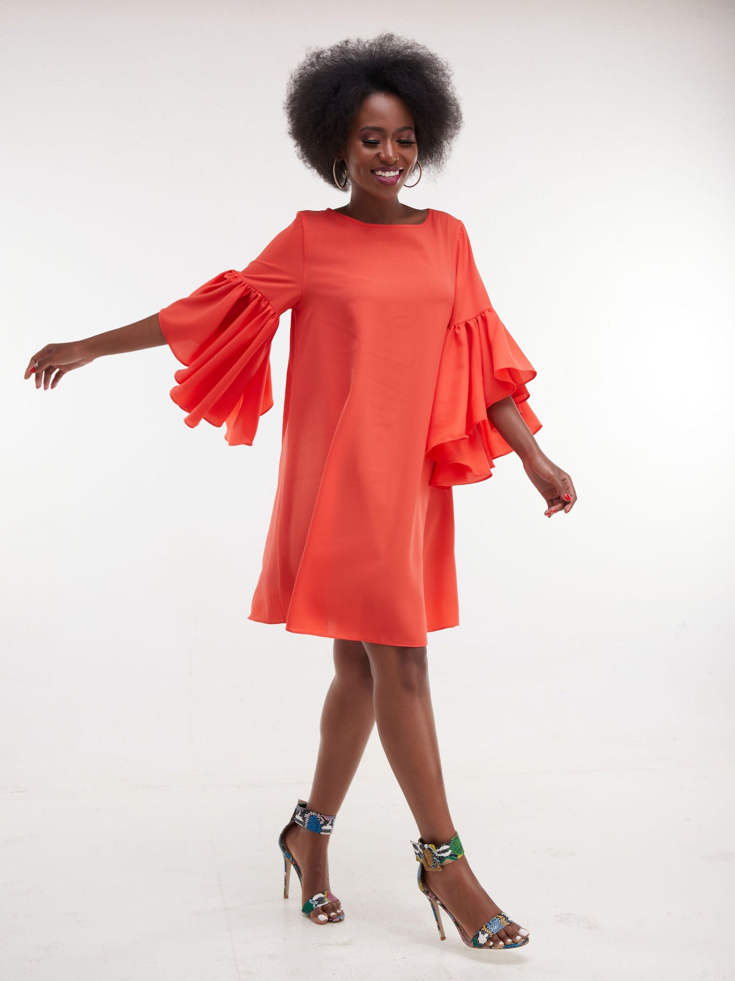 Vivo Thando Tent Flounce Sleeve Knee Length Dress - Light Orange