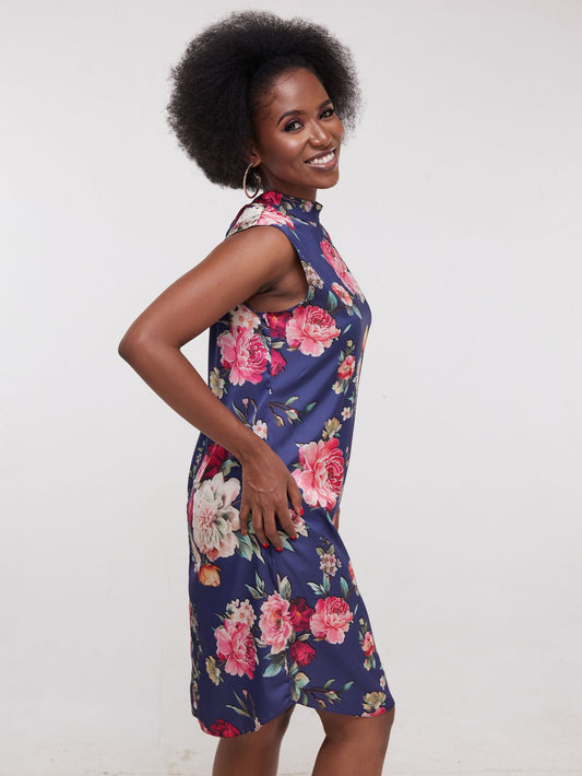 Vivo Thando Mock Neck Shift Dress - Navy Floral Print