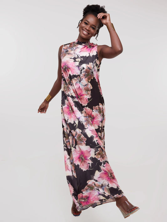 Vivo Thando Mock Neck Maxi Dress - Pink Print