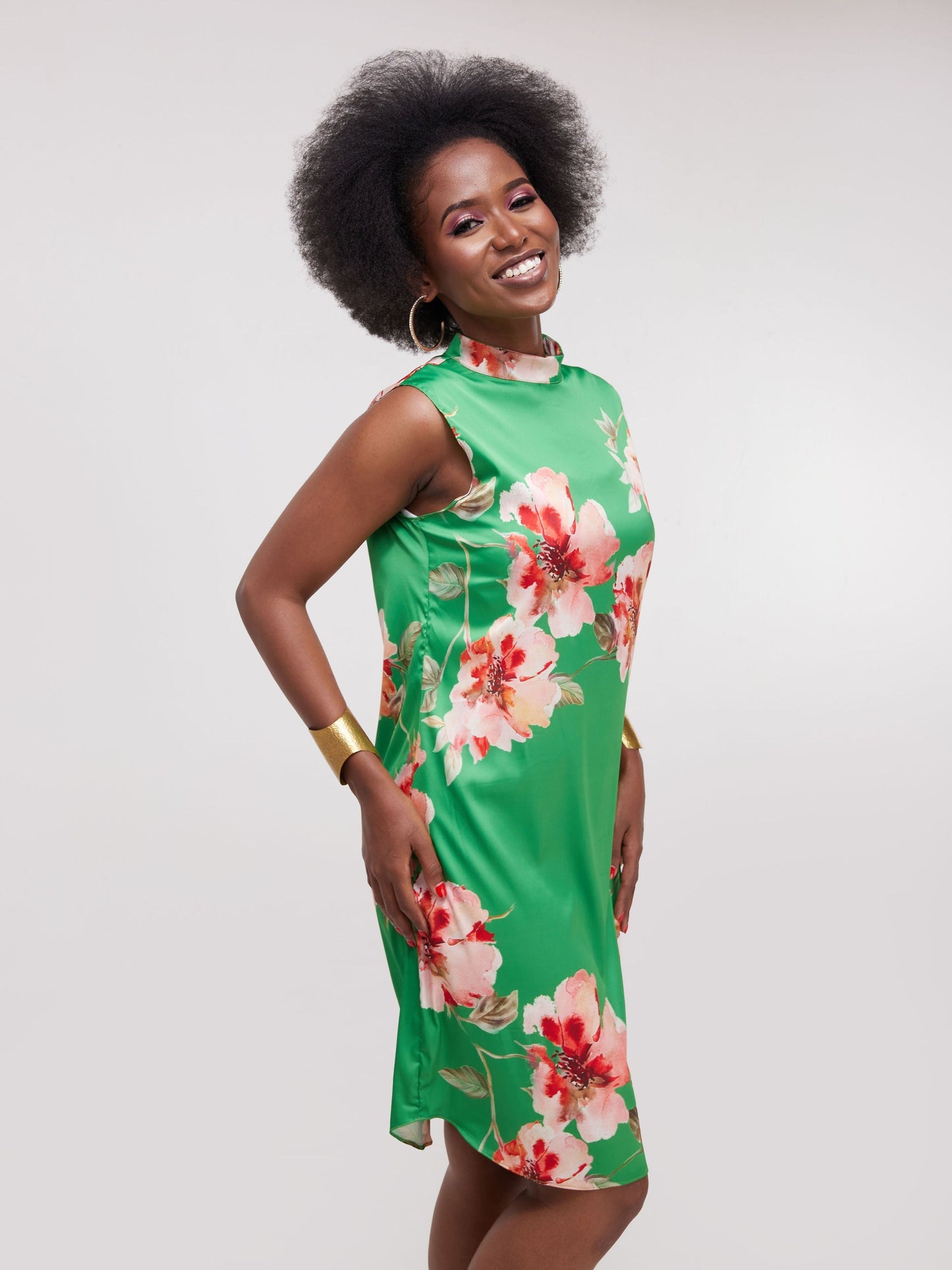 Vivo Thando Mock Neck Shift Dress - Green Floral Print