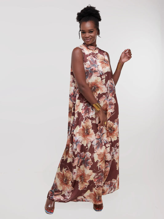 Vivo Thando Mock Neck Maxi Dress - Floral Brown