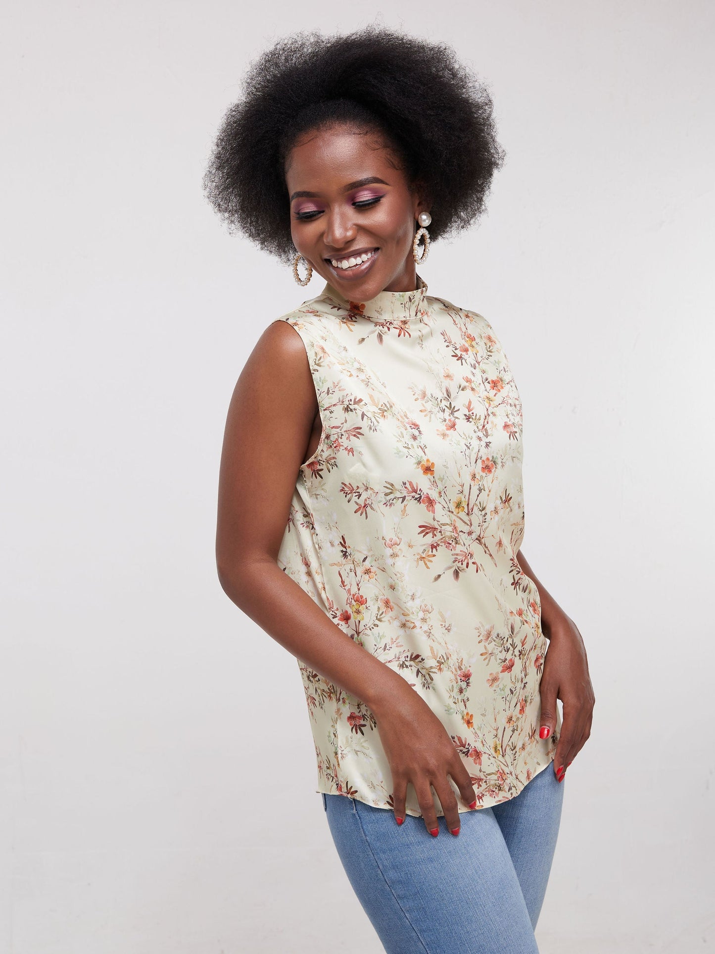 Vivo Thando Mock Neck Sleeveless Top - Light Taupe Print