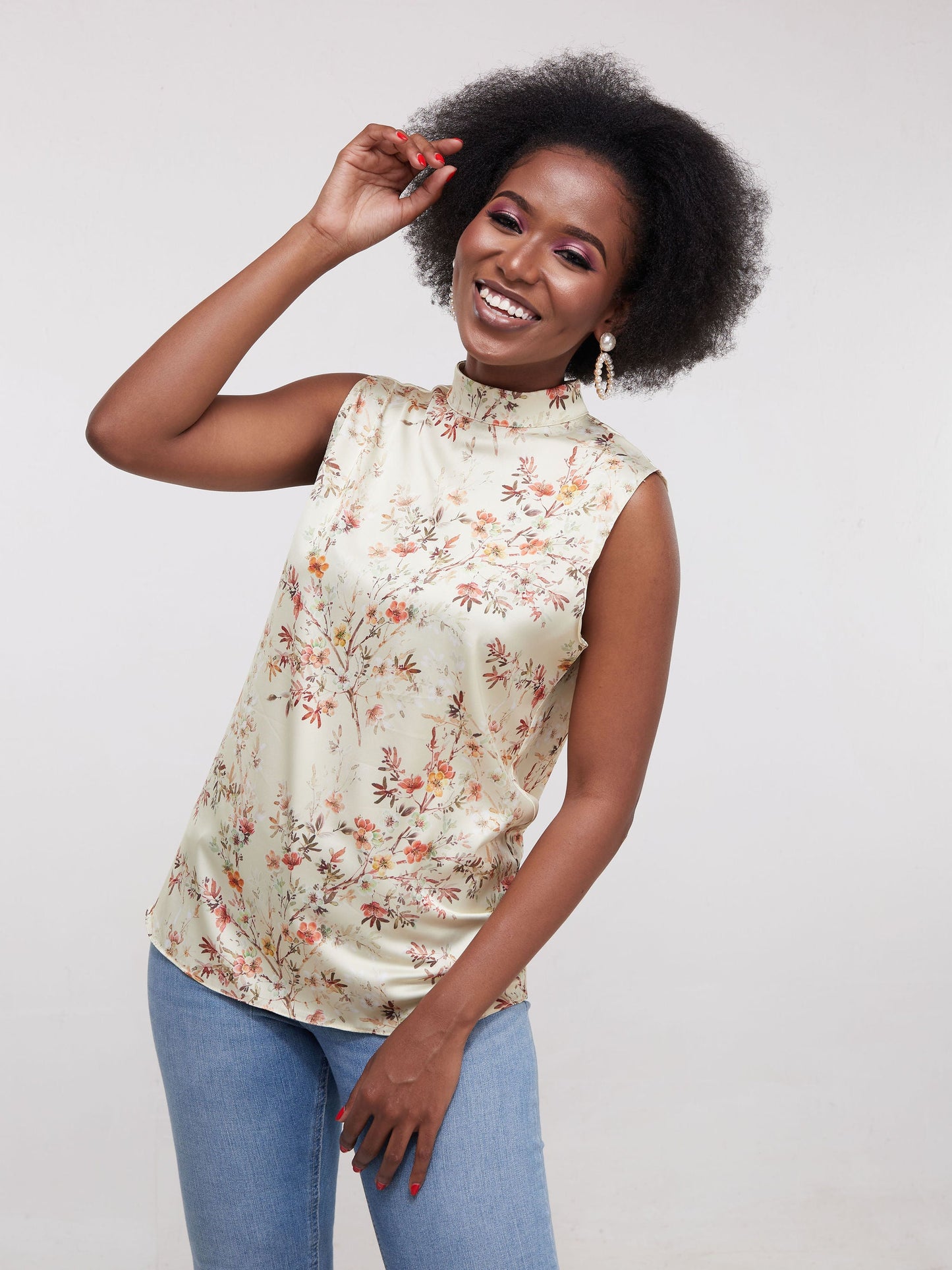 Vivo Thando Mock Neck Sleeveless Top - Light Taupe Print