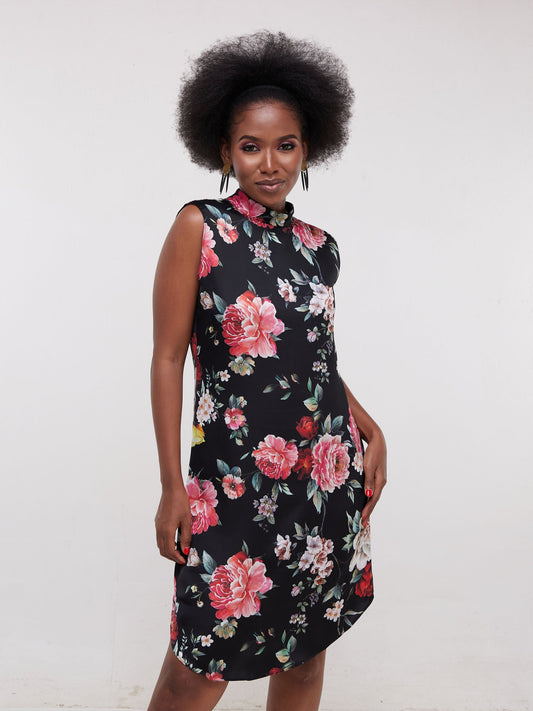 Vivo Thando Mock Neck Shift Dress - Pink/Red Floral Print