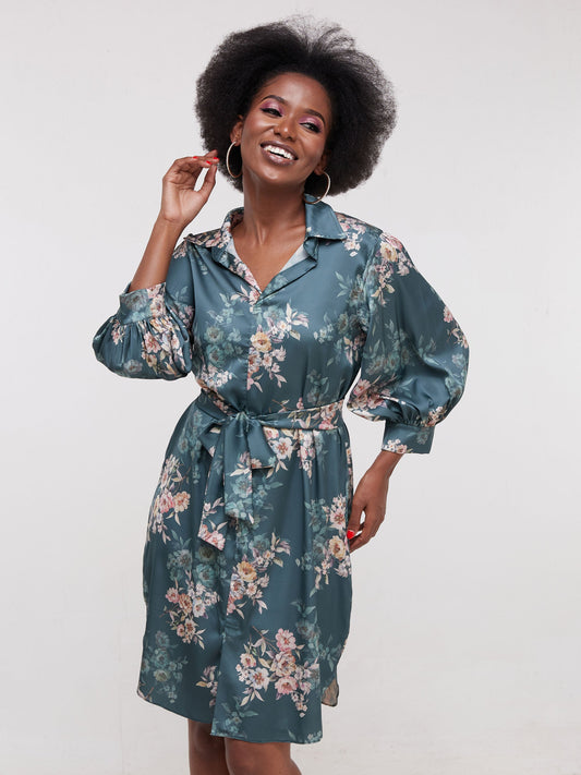 Vivo Thando 3/4 Bishop Sleeve Shirt Dress - Green  Floral Print