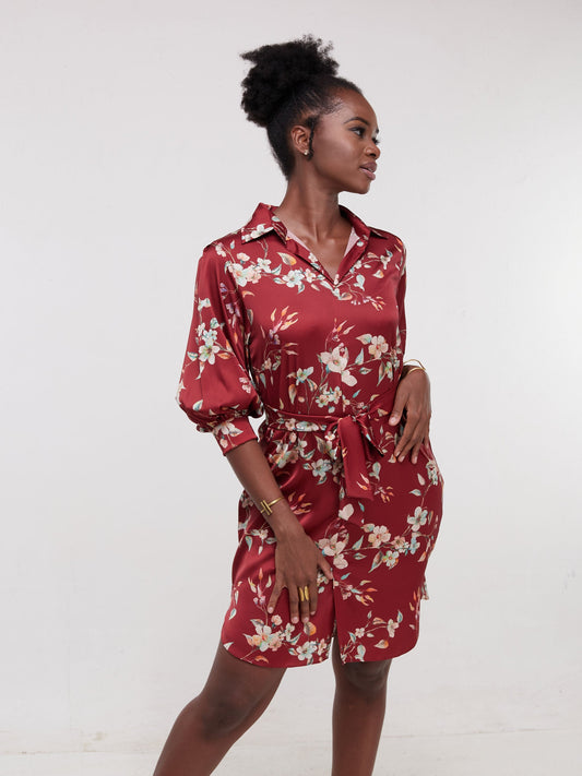 Vivo Thando 3/4 Bishop Sleeve Shirt Dress - Maroon Floral Print
