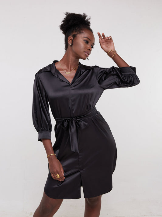 Vivo Thando 3/4 Bishop Sleeve Shirt Dress - Black