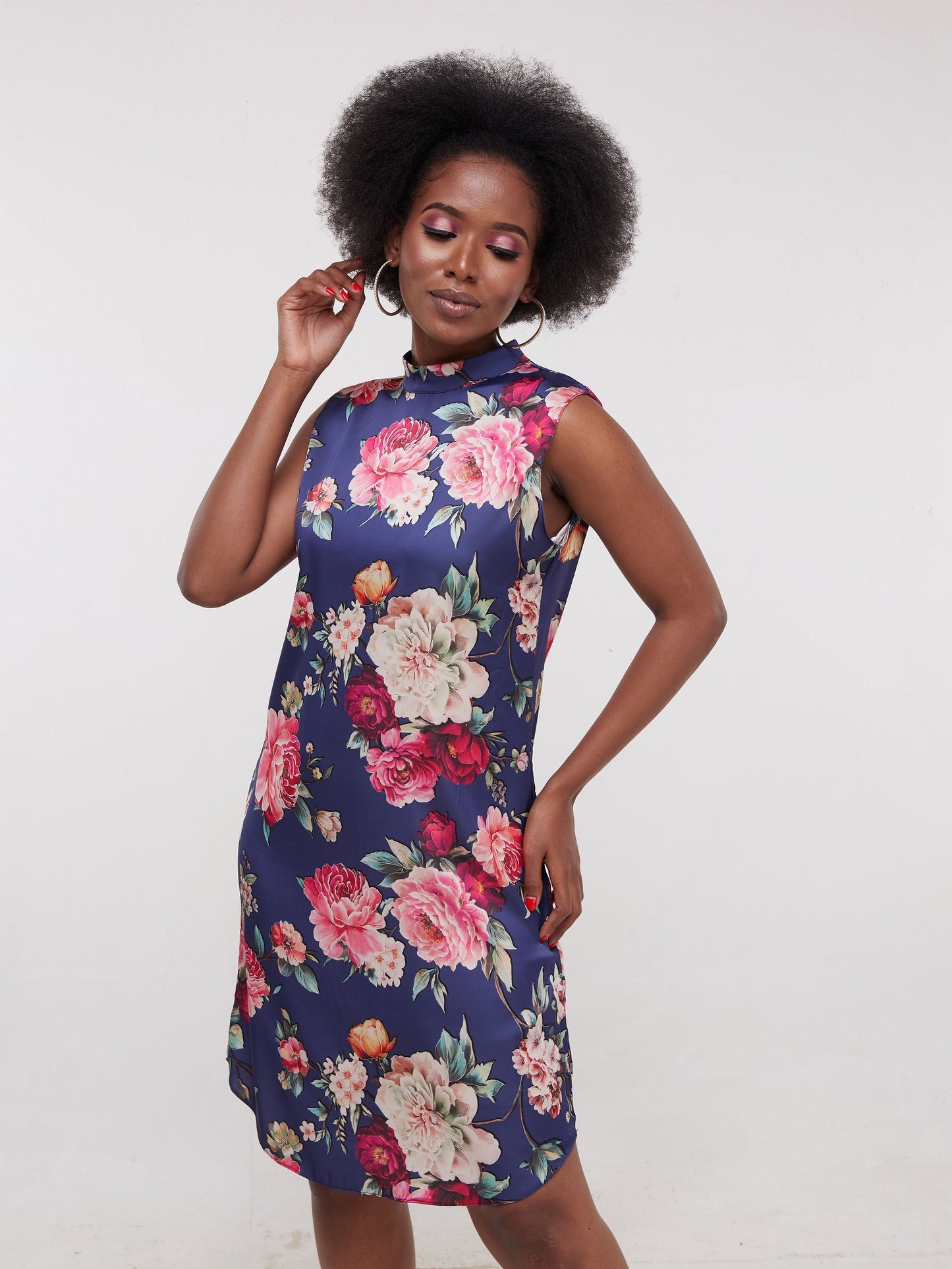 Vivo Thando Mock Neck Shift Dress - Navy Floral Print