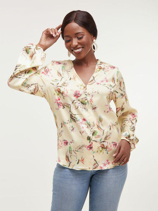 Vivo Thando V-neck Bishop Sleeve Top - Yellow Print