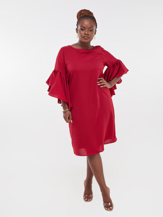 Vivo Thando Flounce Sleeve Shift Dress - Maroon