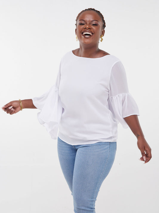 Vivo Thando 3/4 Flounce Sleeve Top - White
