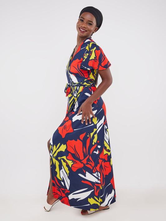Vivo Ruwa Flounce Sleeve Wrap Maxi Dress - Navy / Orange Print