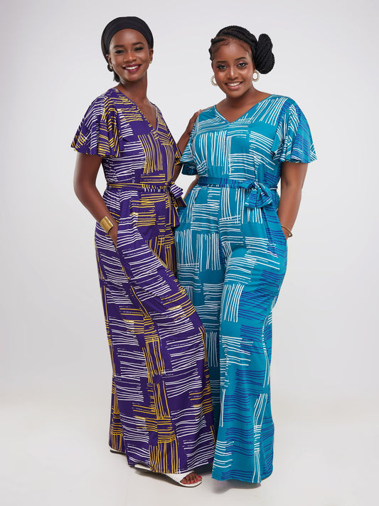 Vivo Ruwa Flounce Sleeve Jumpsuit - Purple Abstract
