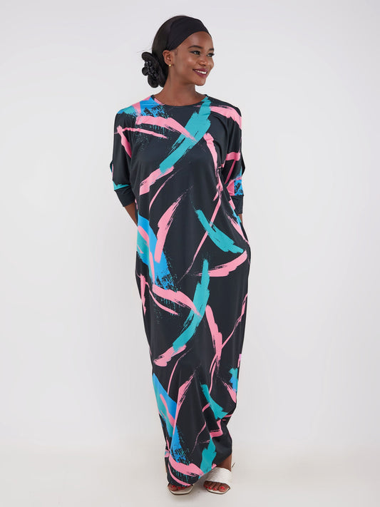 Vivo Ruwa Cold Shoulder Dolman Maxi Dress - Black / Pink Abstract Print