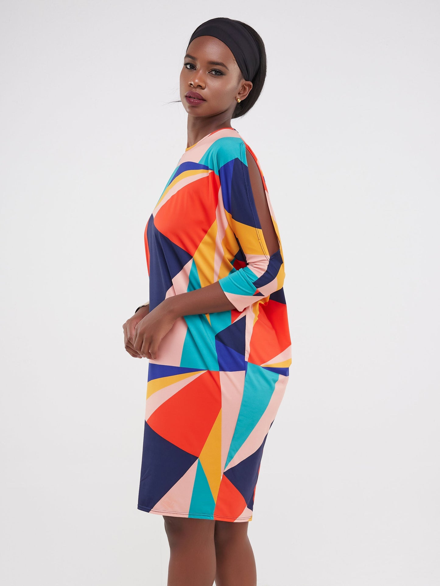 Vivo Ruwa Cold Shoulder Knee Length Dolman Dress - Orange Triangle Abstract Print