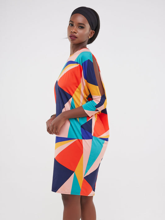 Vivo Ruwa Cold Shoulder Knee Length Dolman Dress - Orange Triangle Abstract Print