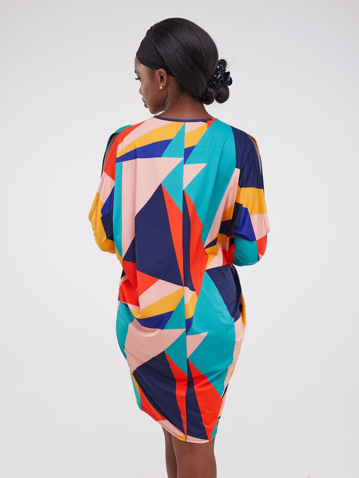 Vivo Ruwa Cold Shoulder Knee Length Dolman Dress - Orange Triangle Abstract Print