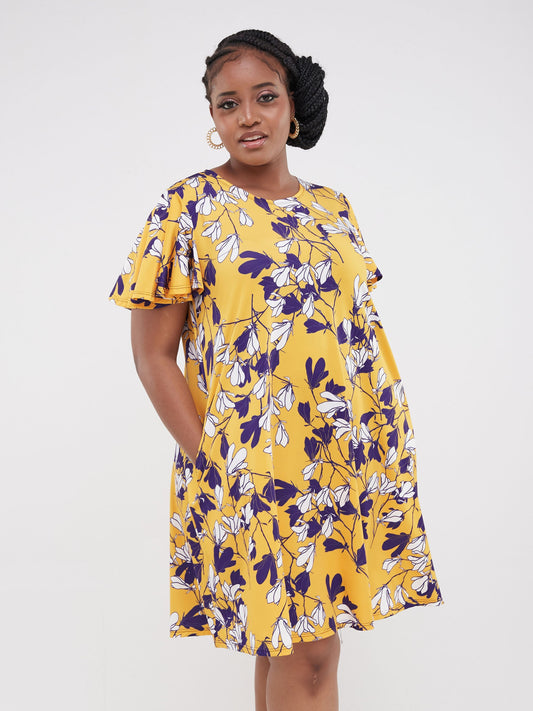 Vivo Ruwa Flounce Sleeve Knee Length Tent Dress - Yellow / Purple Flowers Print