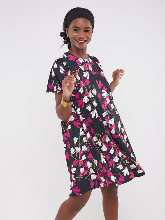 Vivo Ruwa Flounce Sleeve Knee Length Tent Dress - Black / Pink Flowers Print