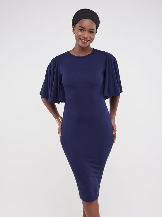 Vivo Ruwa Flounce Sleeve Bodycon Dress - Navy Blue