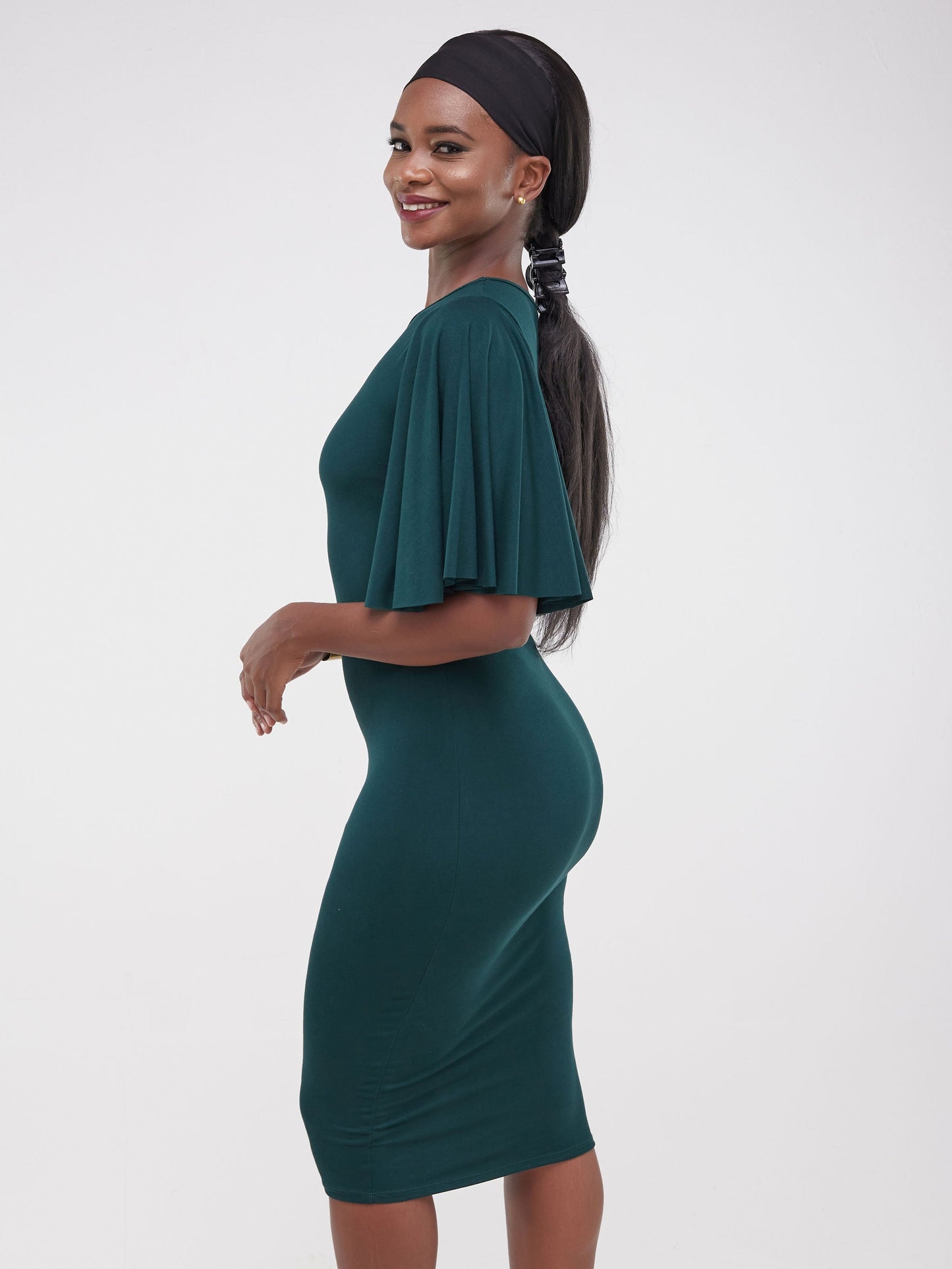 Vivo Ruwa Flounce Sleeve Bodycon Dress - Dark Green