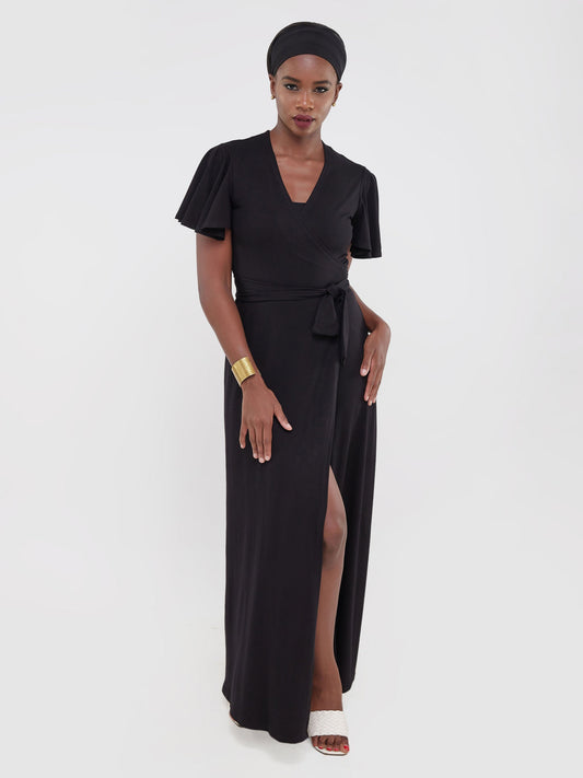 Vivo Ruwa Flounce Sleeve Wrap Jersey Maxi Dress - Black