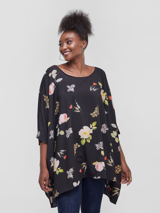 Safari Maisha Wide Loose Top - Black Floral Print