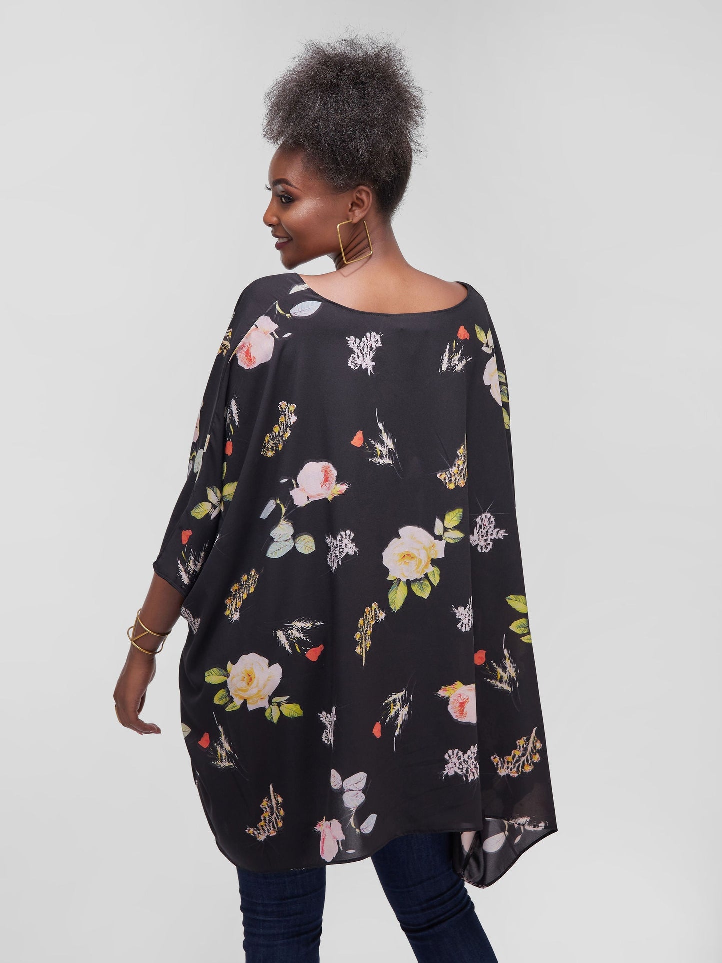 Safari Maisha Wide Loose Top - Black Floral Print