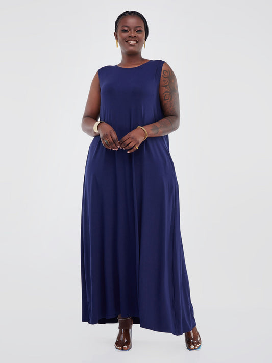 Vivo Basic Julia Back Pleat Maxi Dress - Navy Blue