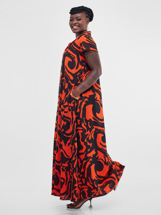 Vivo Zuri Cap Sleeved Maxi Dress - Orange Abstract Print
