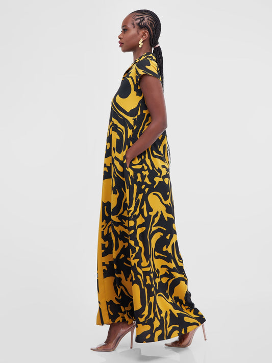 Vivo Zuri Cap Sleeved Maxi Dress - Mustard Abstract Print